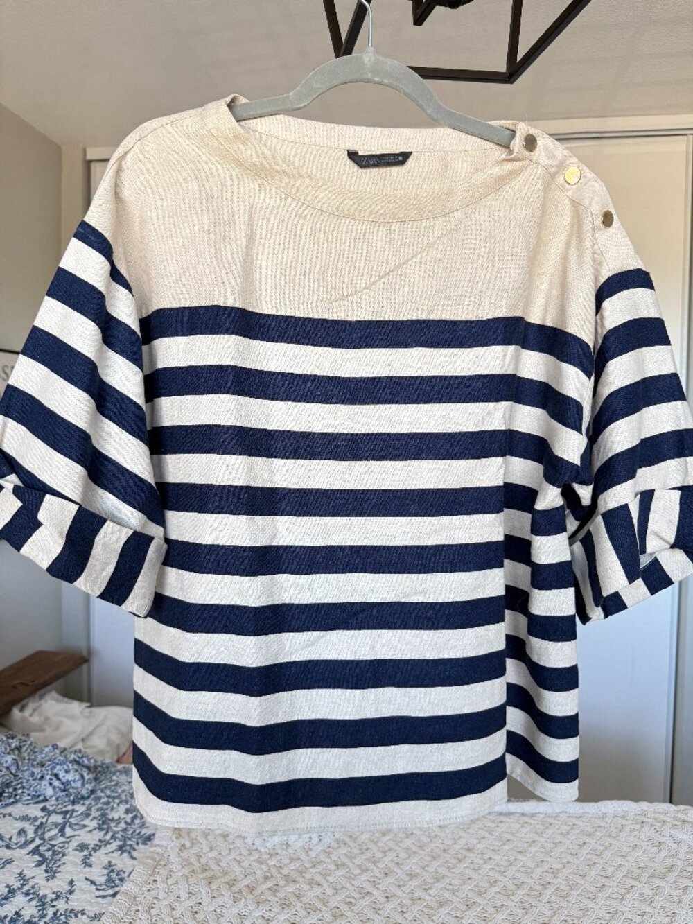 ZARA Linen Blend Striped Blouse Navy Ecru Gold Shoulder Buttons Size L NWOT